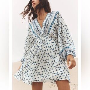 Zara White and Navy Geometric Print Dress with Metallic Size Medium